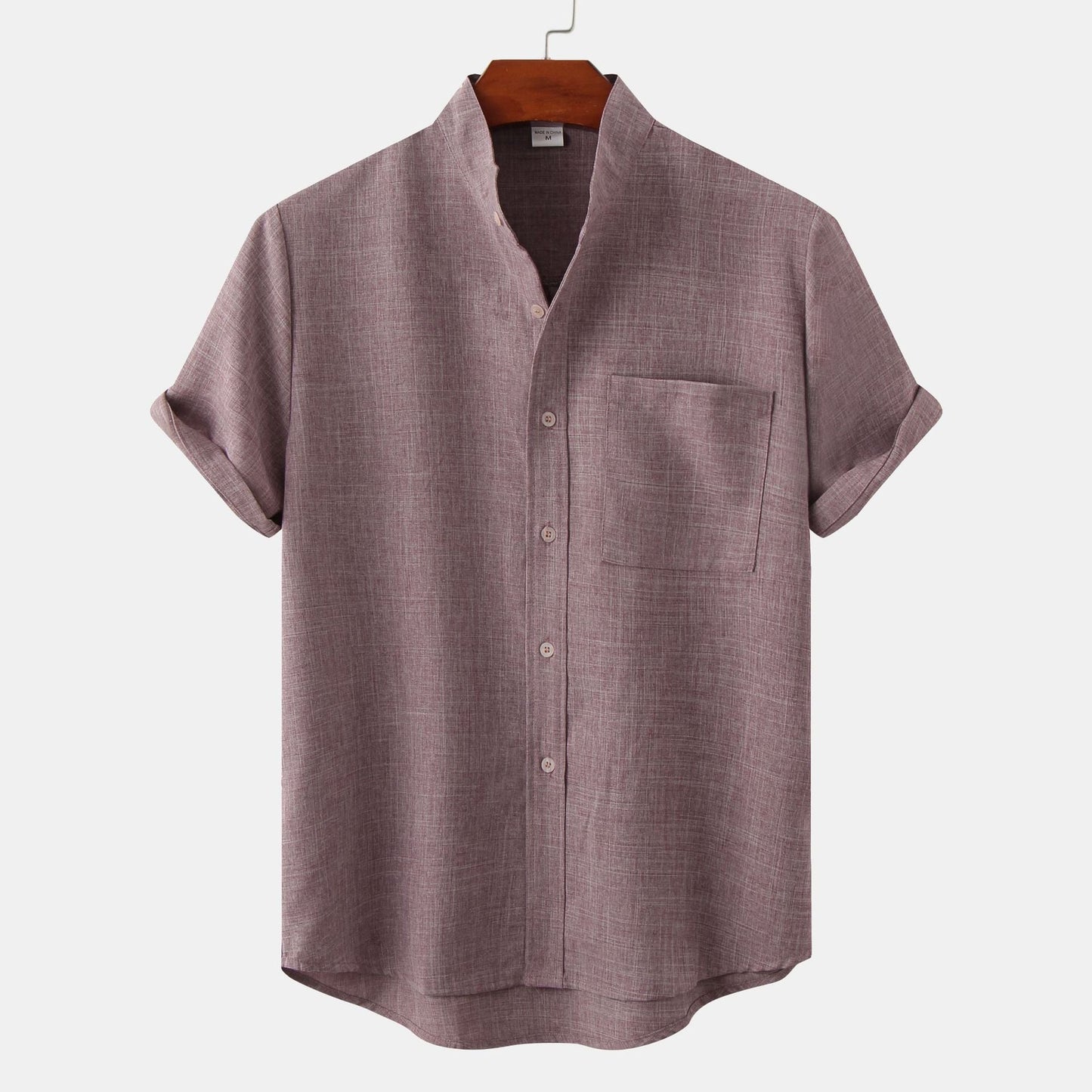 Street-Wave Men's Short Sleeve Shirt With Modern Stand Collar And Chest Pocket For Smart Casual Wear