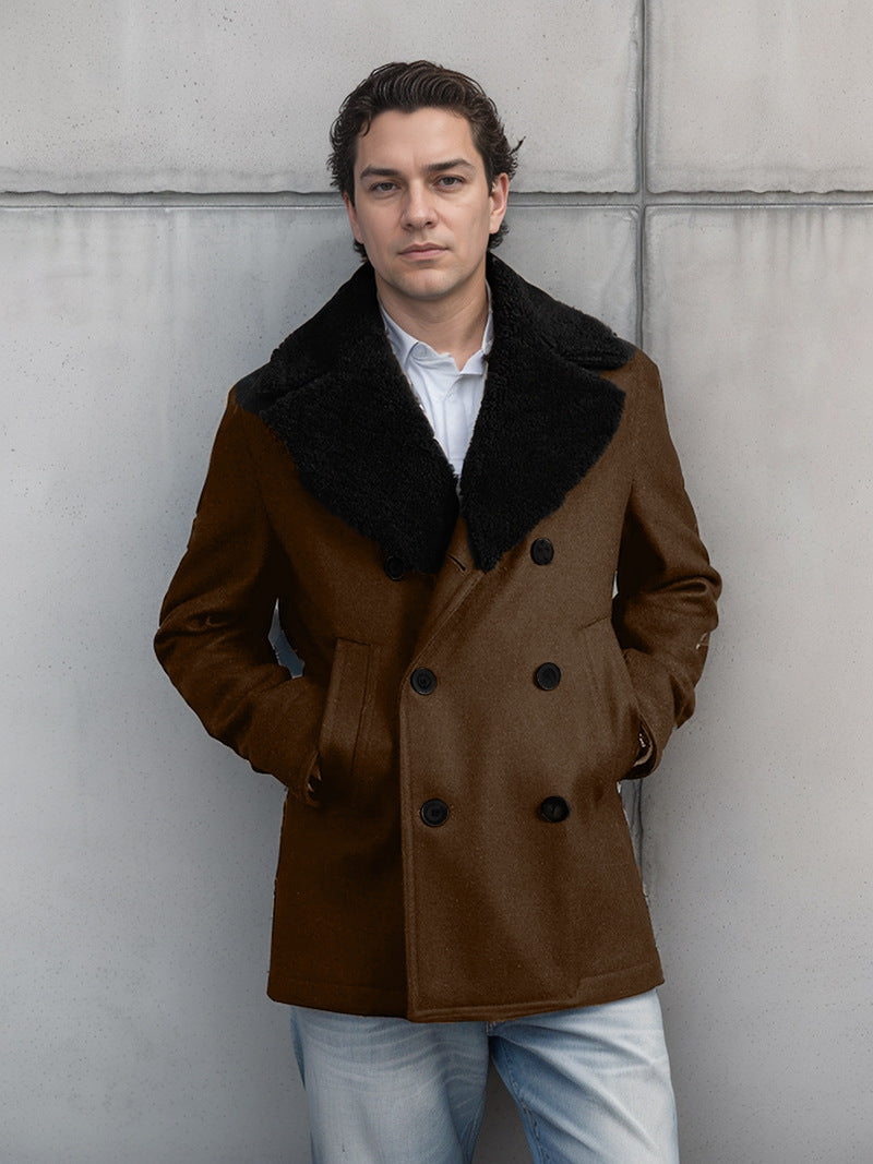 Street-wave Men's Wool Coat With High Fur Collar Double Breasted Winter Overcoat For Style Conscious Gentlemen
