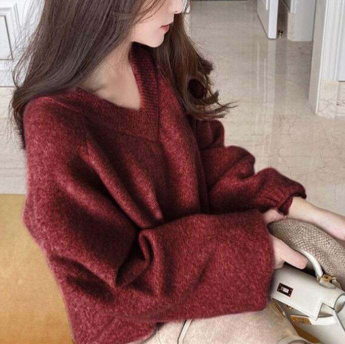 Streetwave Cozy Chunky Knit Sweater With Deep V Neck And Voluminous Sleeves For Women