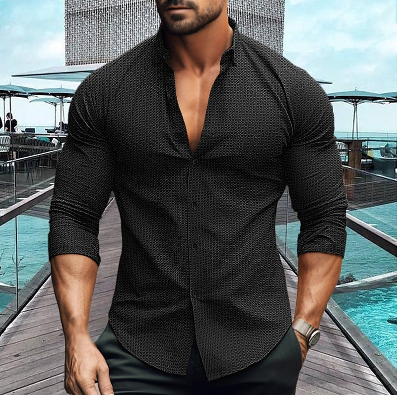 Streetwave Mens Elegant Long Sleeve Shirt With Structured Pattern For Style Conscious Men