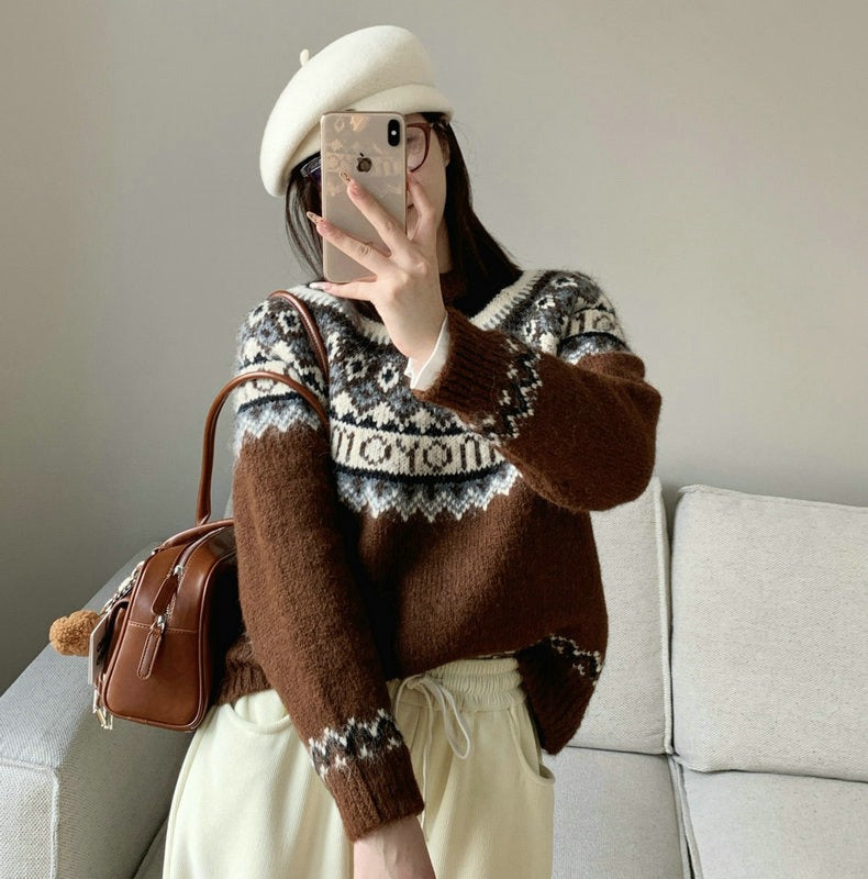 Street-Wave Womens Cozy Chunky Wool Knit Sweater With Contemporary Norwegian Patterns For Winter