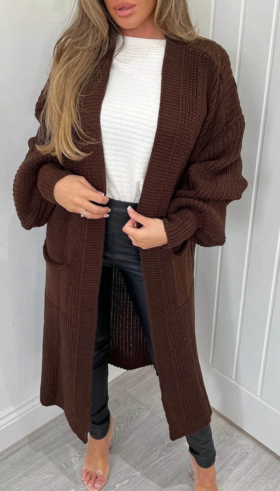 Street-wave Women’s Long Knit Cardigan With Chunky Knit Texture And Practical Pockets