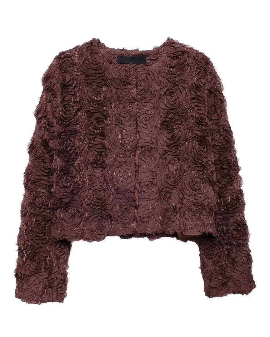 Street-wave Floral Cropped Jacket With Rosette Texture For Women Chic Layering Essential