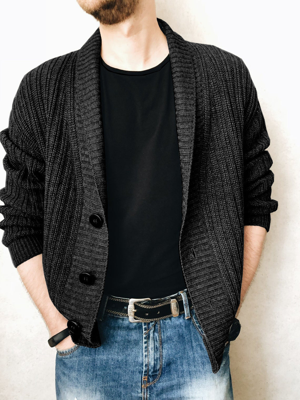 Street-Wave Mens Cardigan With Large Collar And Decorative Buttons Premium Cozy Knit