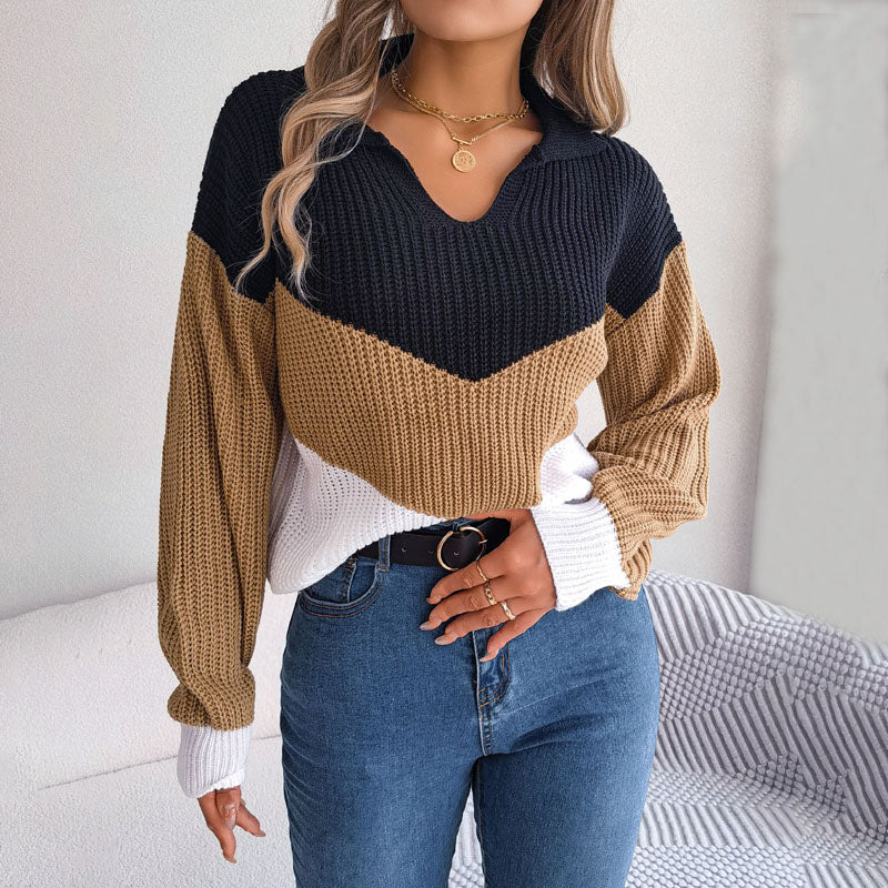 Street-Wave Warm Knit Pullover for Women, Cozy Color-Block V-Neck Sweater for Everyday Wear