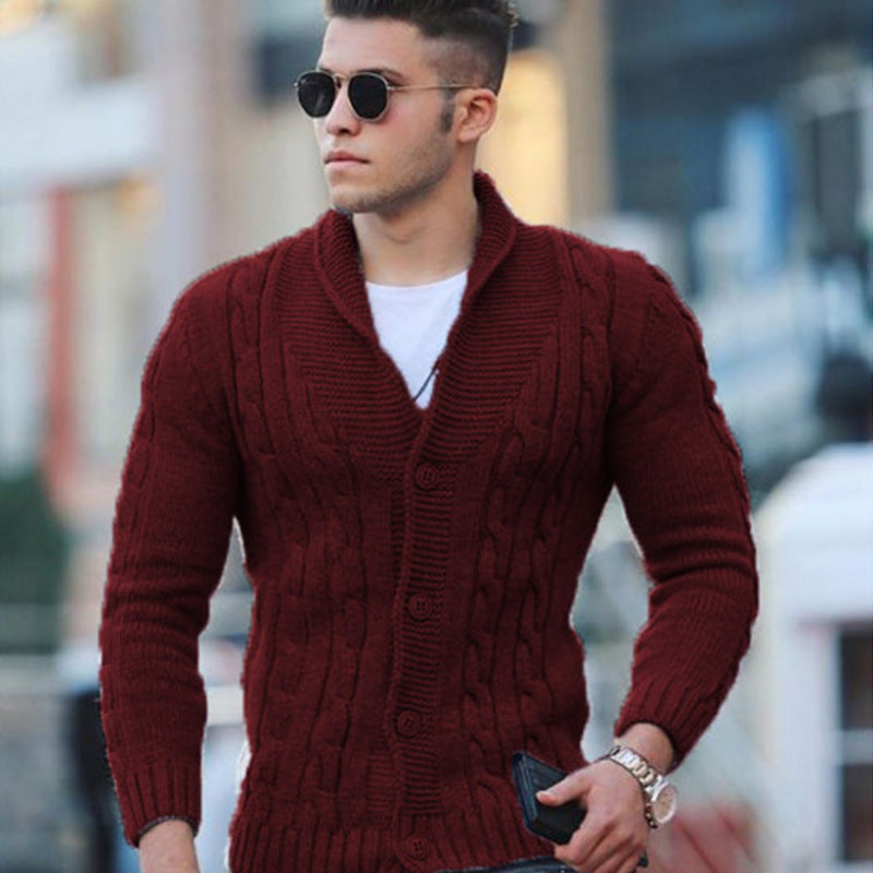 Street-Wave Men's Cable Knit Cardigan With Shawl Collar For Cozy Warmth And Modern Style