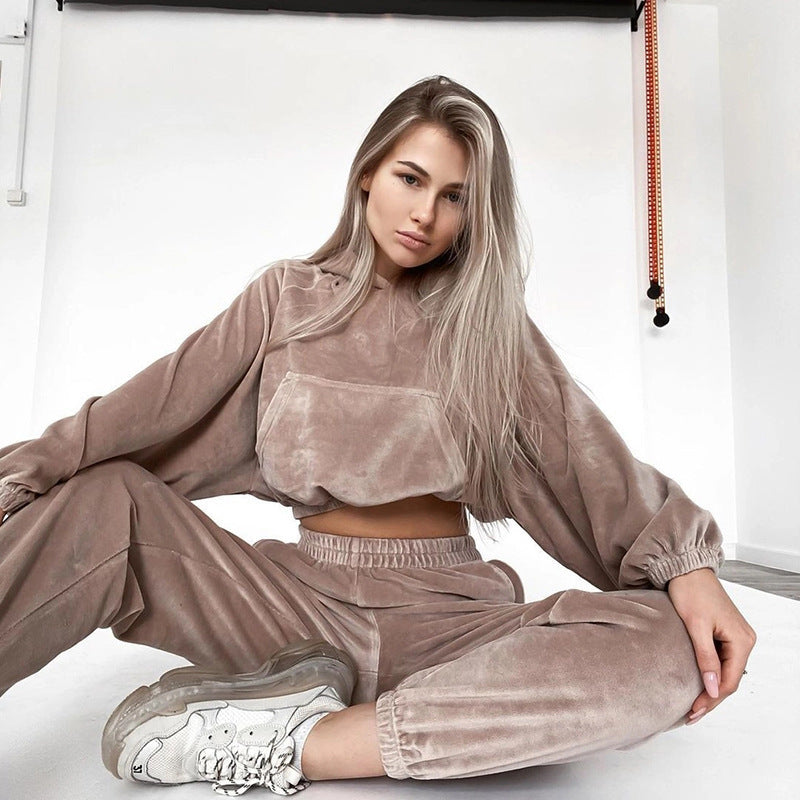 Street-wave Women's Velour Lounge Set Ultra Soft With Cropped Hoodie And Elastic Joggers