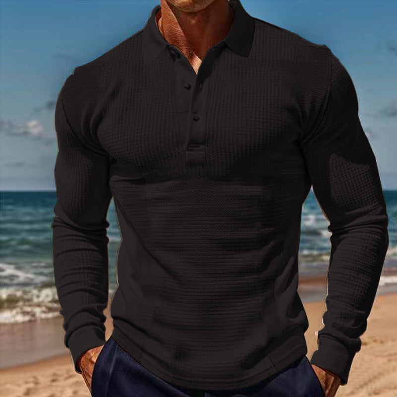 Mens Elegant Long Sleeve Polo With Button Placket Street-wave Structured Texture For Men