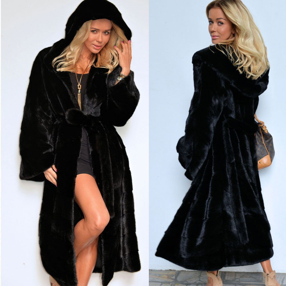 Streetwave Long Hooded Faux Fur Coat For Women With Belt Premium Luxurious Cozy Warmth