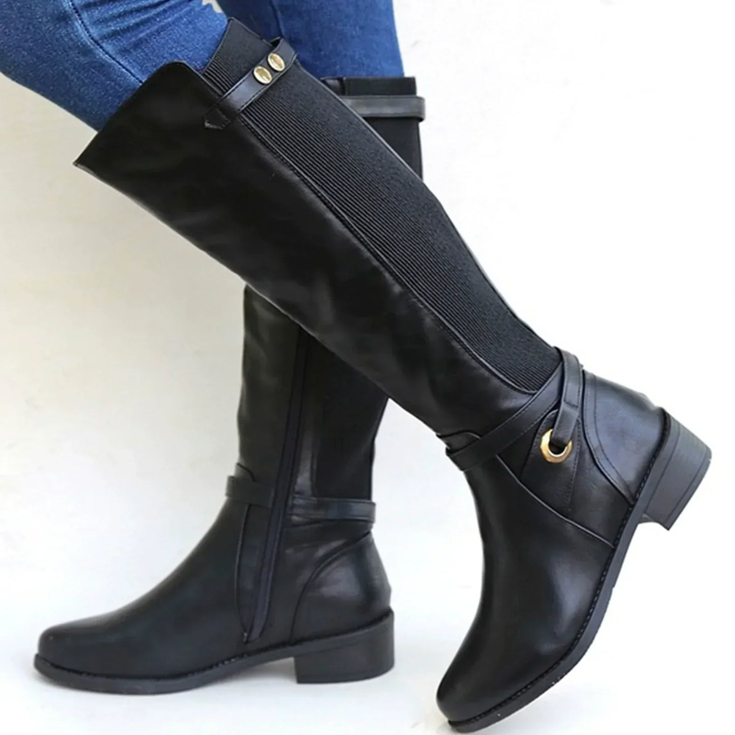 Streetwave Knee High Boots Women Slim Fit Elastic Panel Low Block Heel Buckle Strap