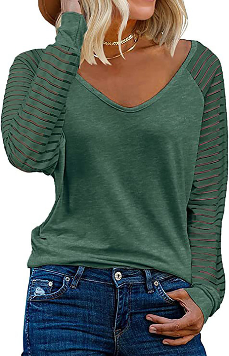 Street-wave Women V-Neck Long Sleeve Shirt With Striped Sleeves For Stylish Everyday Comfort
