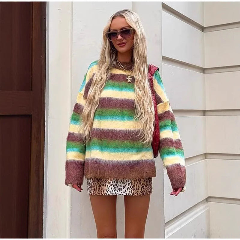 Street-wave Women Oversized Striped Knit Sweater Cozy Soft Yarn Bold Colorful Streetwear