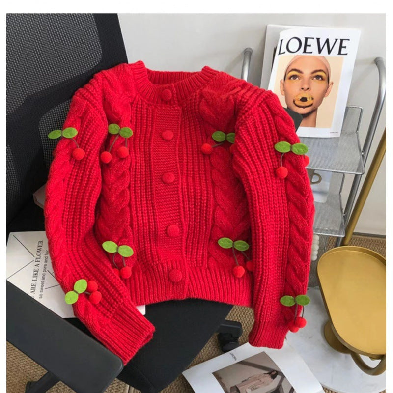 Streetwave Women's Cherry Motif Cable Knit Cardigan With Playful Embellishments For Cozy Chic Style