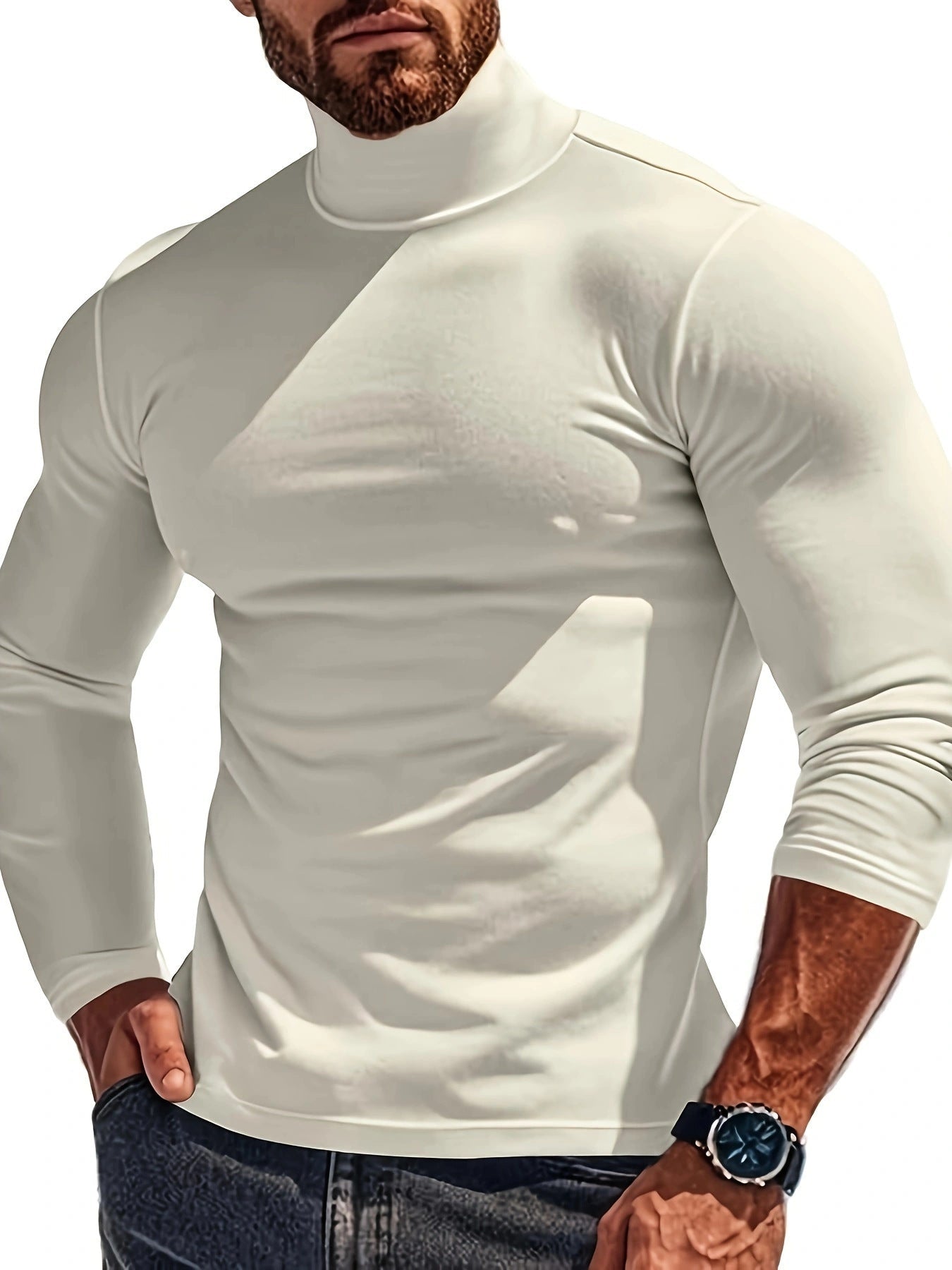 Mens Long Sleeve Turtleneck Shirt Breathable Fabric Street-wave For Modern Men Versatile Comfort