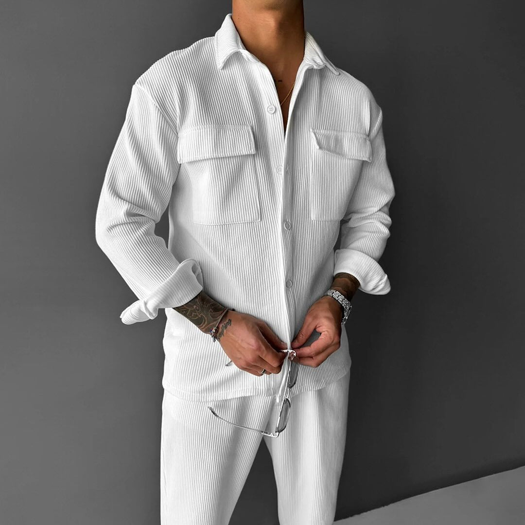 Street-Wave Men's Utility Shirt With Double Chest Pockets Ribbed Corduroy Versatile Everyday Wear