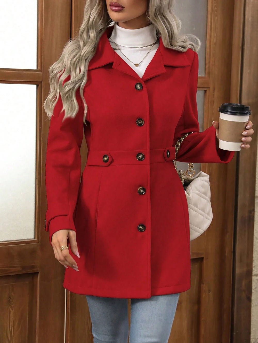 Street-wave Wool Coat For Women Slim Fit Mid Length With Front Buttons And Notched Collar