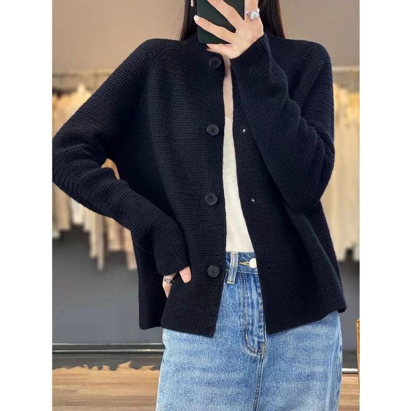 Women Knit Cardigan With Textured Stitch And Unique Button Details Street-wave Cozy Everyday Essential Soft Wool
