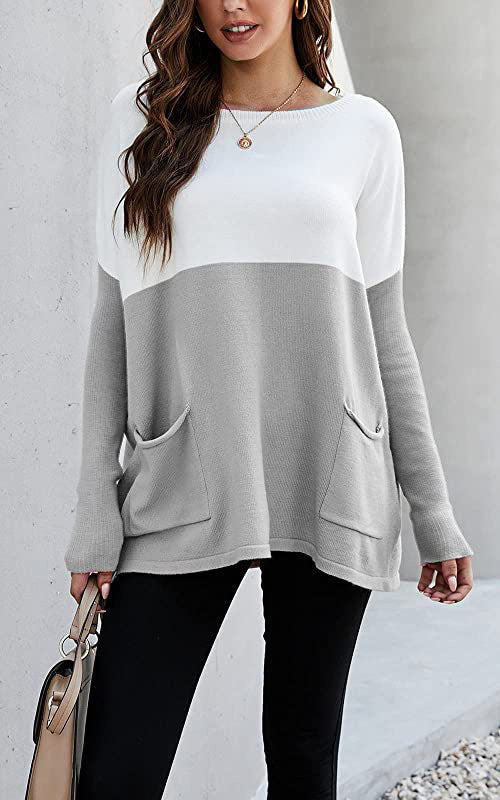 Street Wave Womens Colorblock Knit Sweater With Large Front Pockets Cozy Everyday Essential
