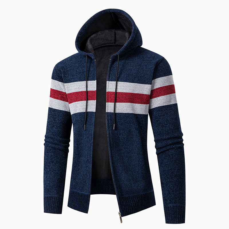 Streetwave Men's Hooded Knit Cardigan With Contrast Stripes For Casual Comfort And Style