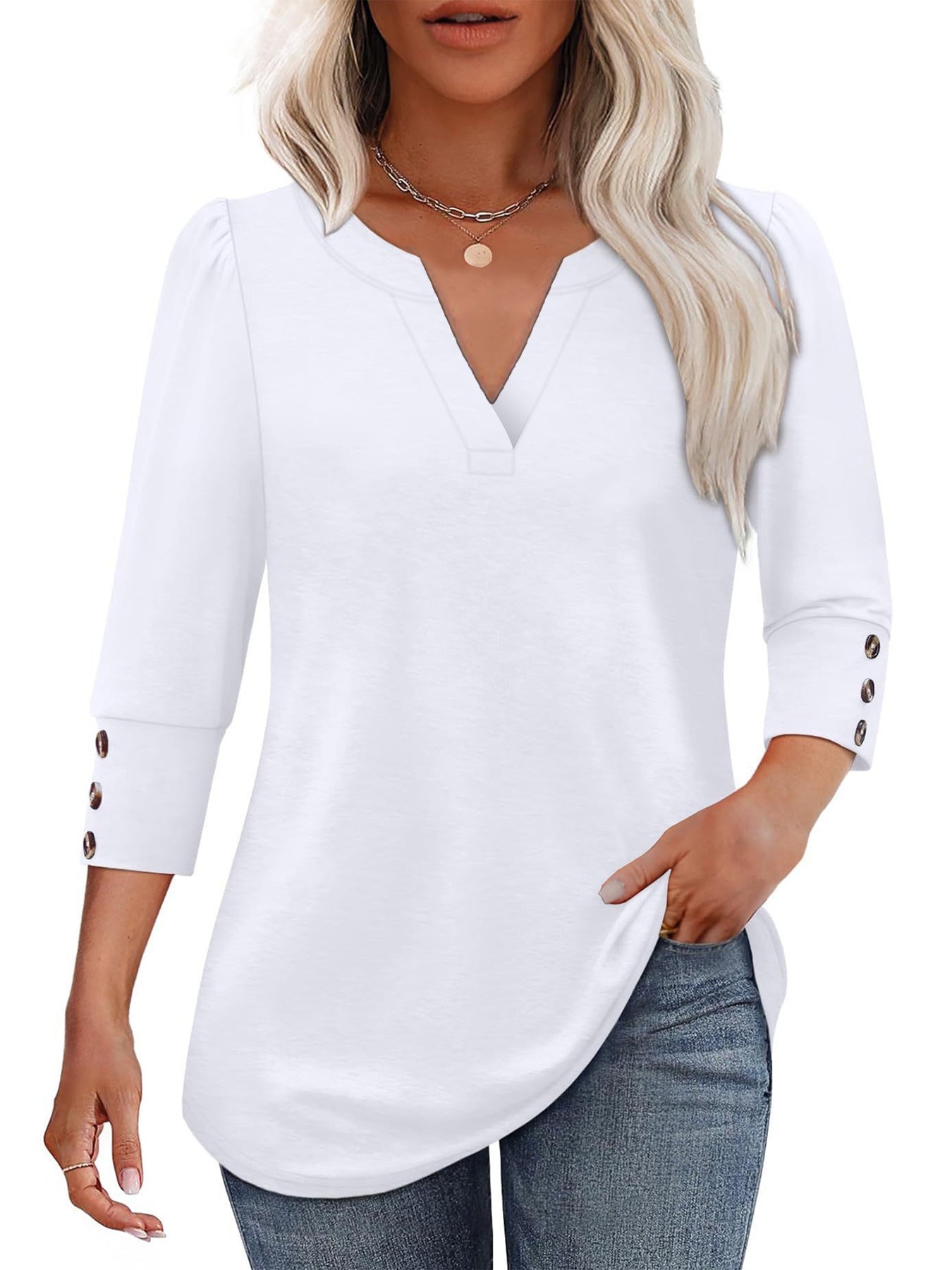 Street-wave Women's V-Neck Blouse With Decorative Button Details For Everyday Chic