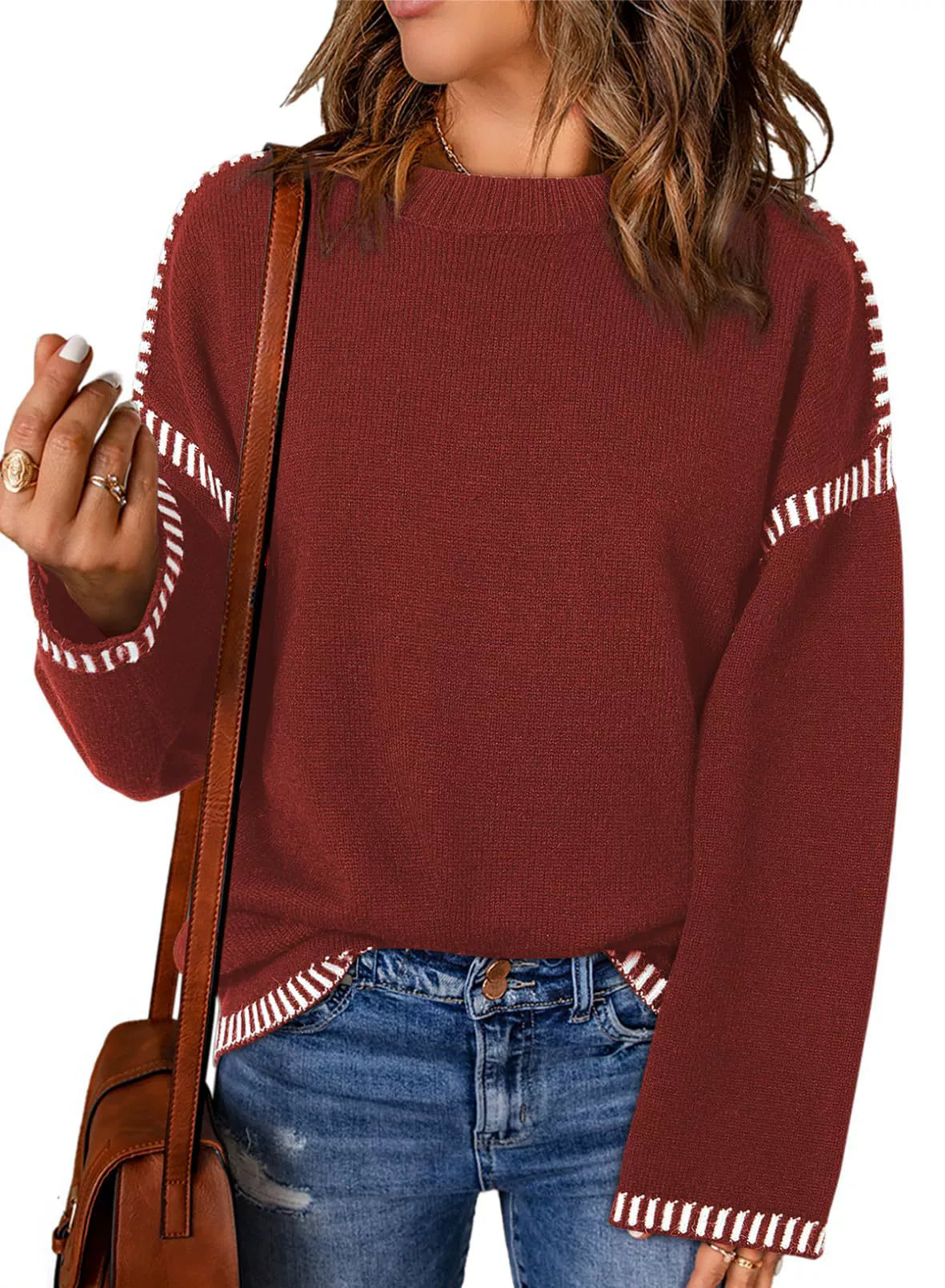 Street-Wave Loose Fit Cable Knit Crewneck Sweater Long Sleeve With Stripe Trim For Women