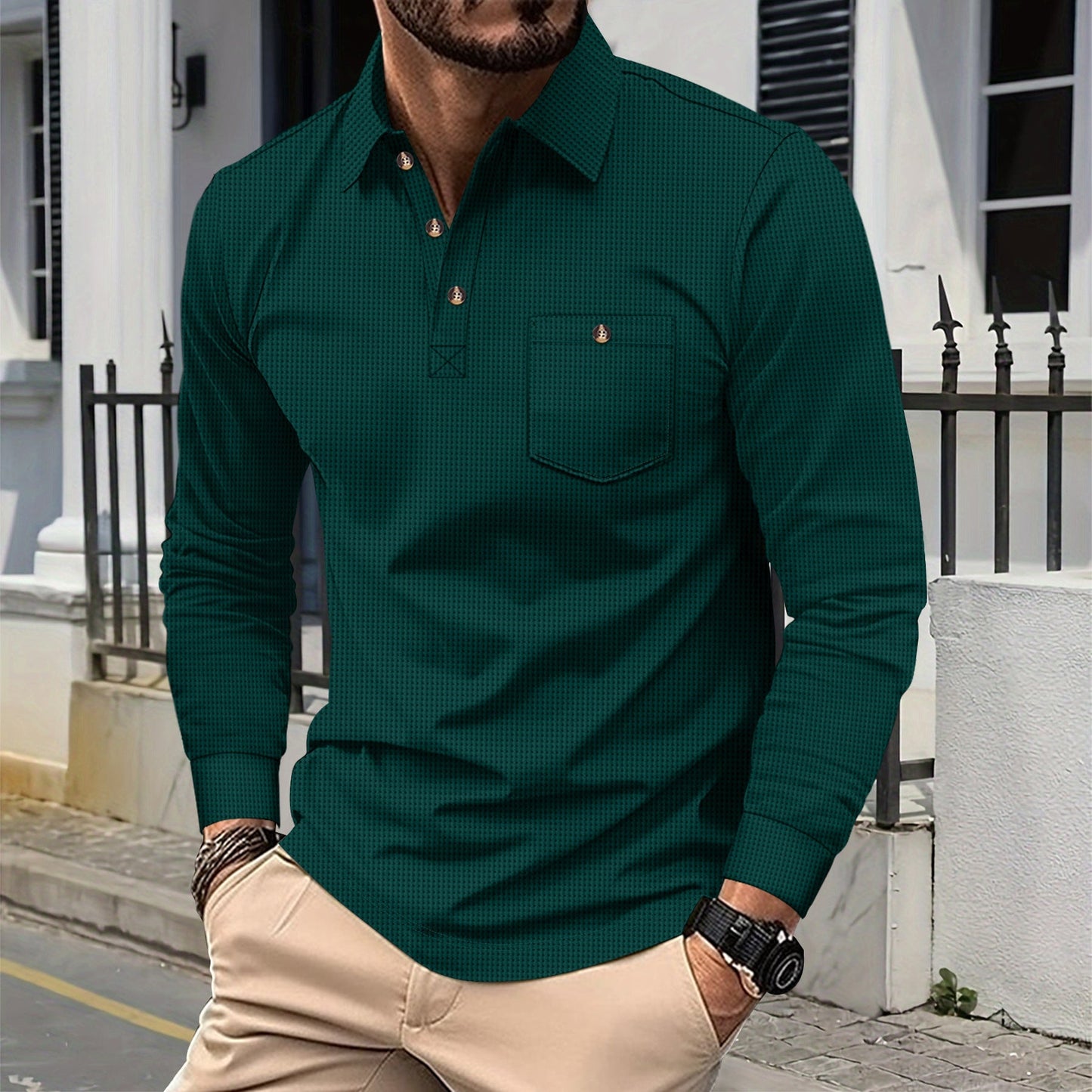 Street-Wave Mens Long Sleeve Polo Shirt Breathable Durable Fabric Versatile For Casual Or Formal Wear