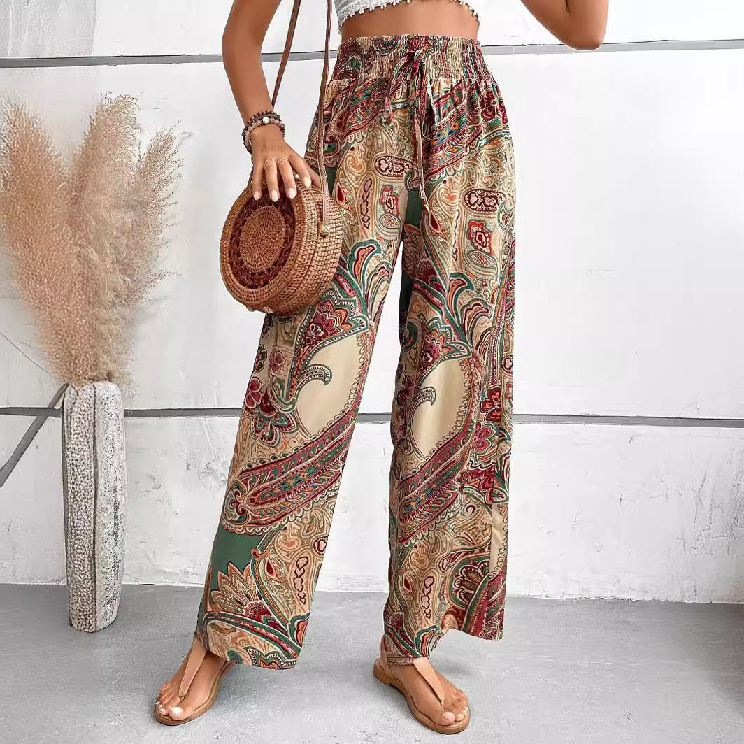 Nordisk-Flair Women Wide-Leg Pants Boho Print Light Drape Elastic Waist