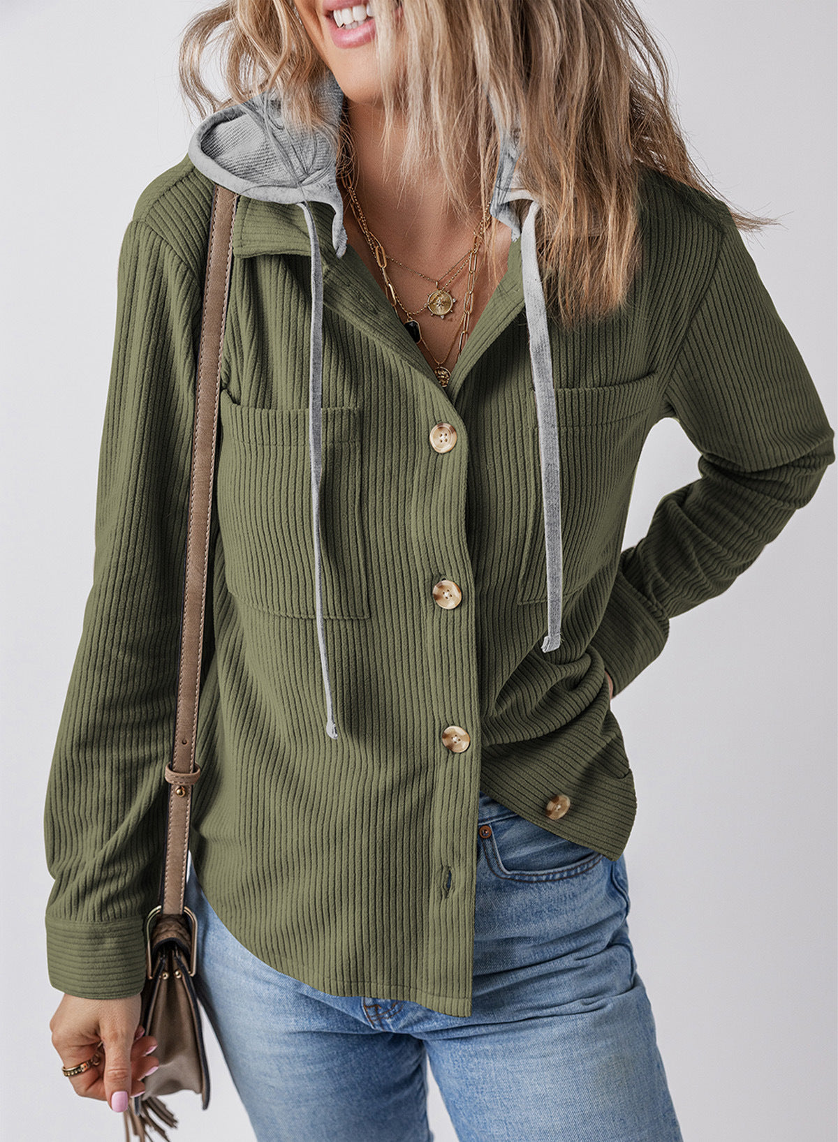 Streetwave Womens Ribbed Shirt Jacket With Hood Casual Chic Outerwear For Everyday Style