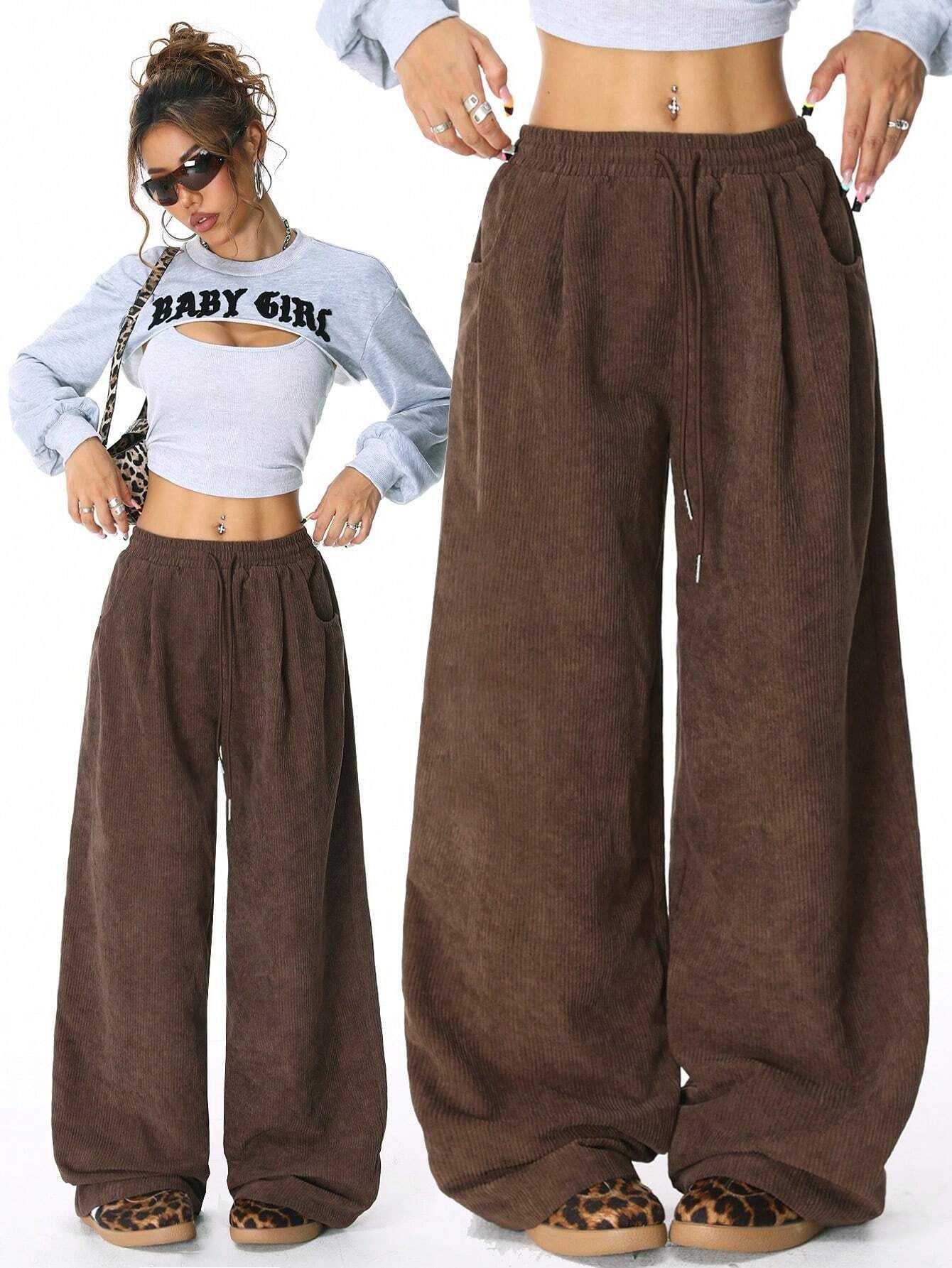 Street-wave Women Wide Corduroy Pants With Elastic Waistband Comfortable Relaxed Fit