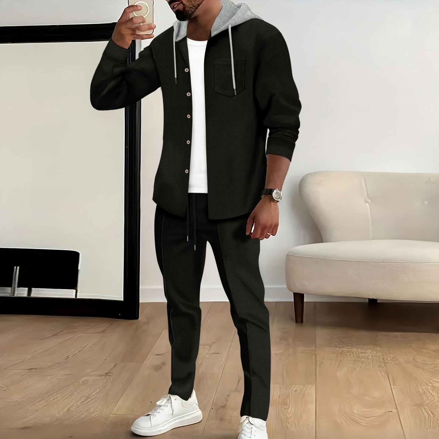 Street-Wave Men's Casual Tracksuit With Button-Front Top And Hooded Jacket For Everyday Leisure