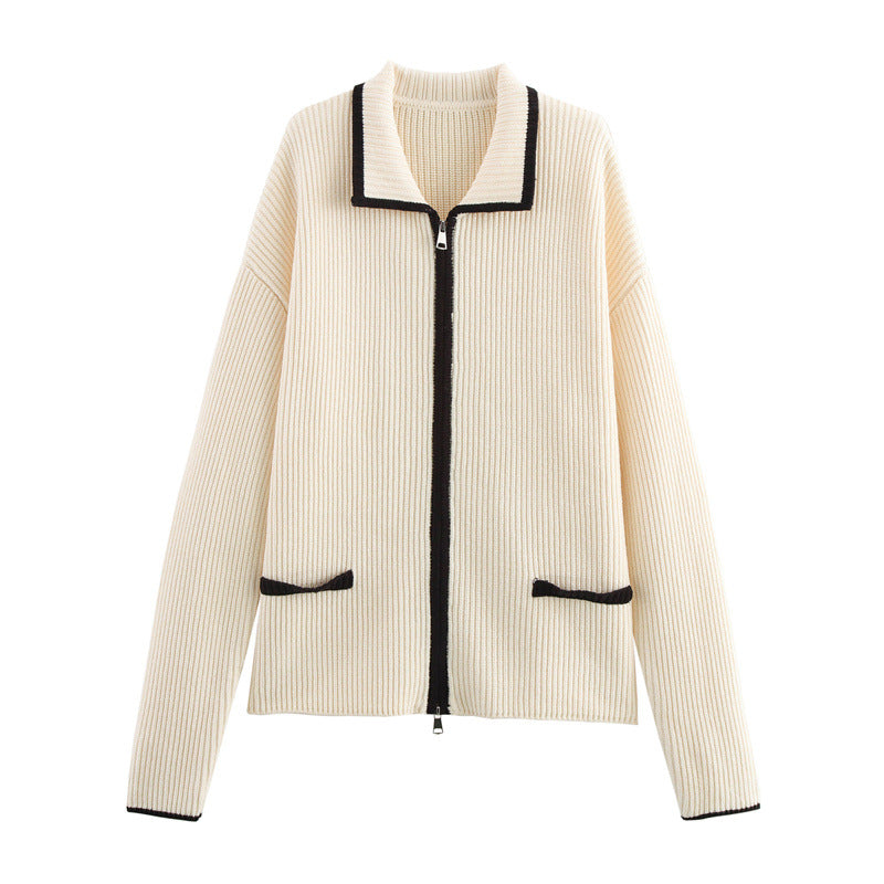 Street-wave Women's Knit Cardigan With Elegant Zip and Contrast Trim for Modern Wardrobe