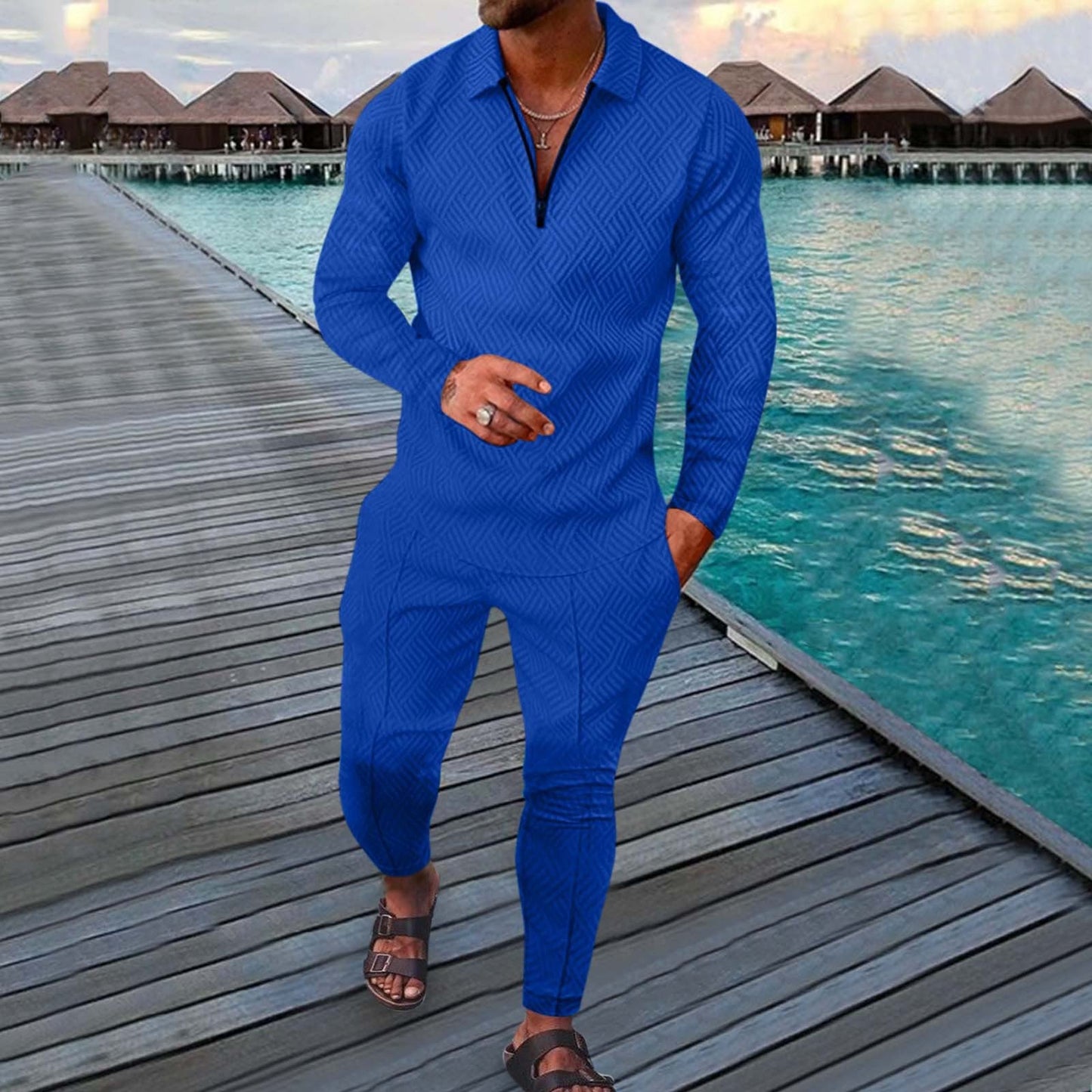 Men's Two Piece Slim Fit Sports Leisure Suit With Breathable 3D Print Long Sleeve Polo By Street-Wave