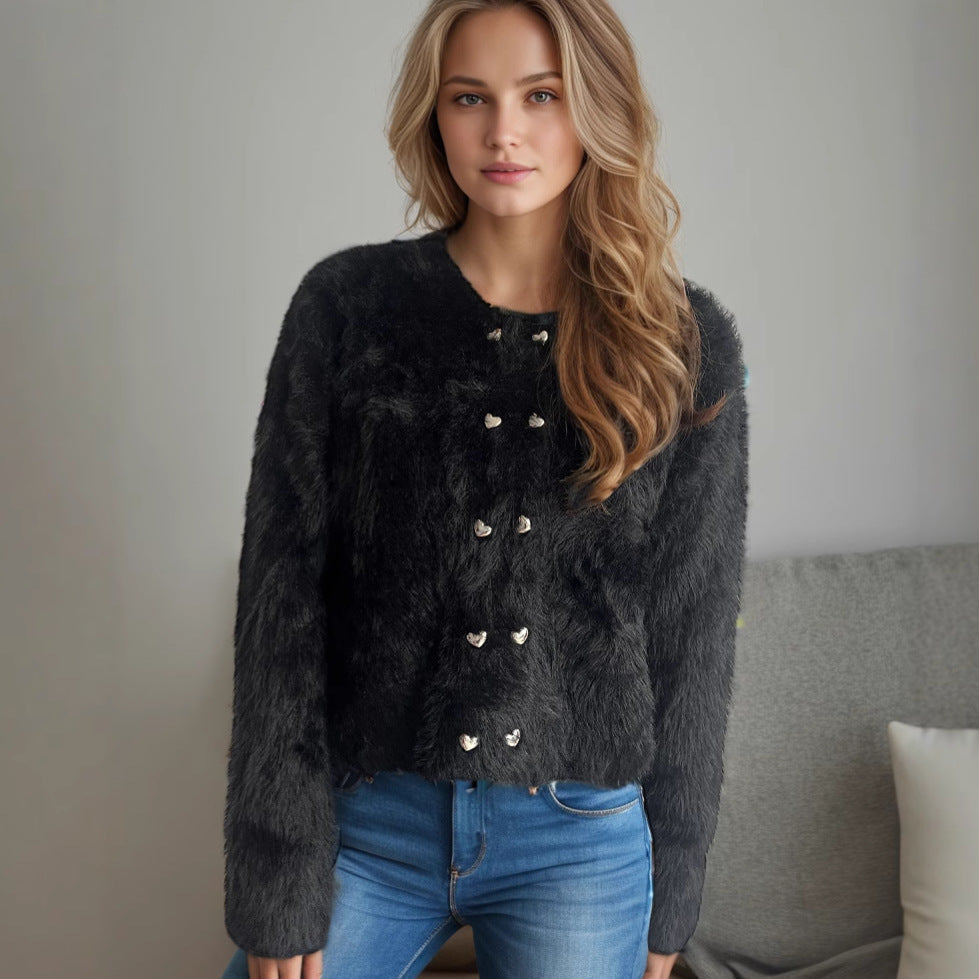 Street-wave Women Fluffy Cardigan With Heart Shaped Buttons Cozy Loose Fit For Relaxed Evenings