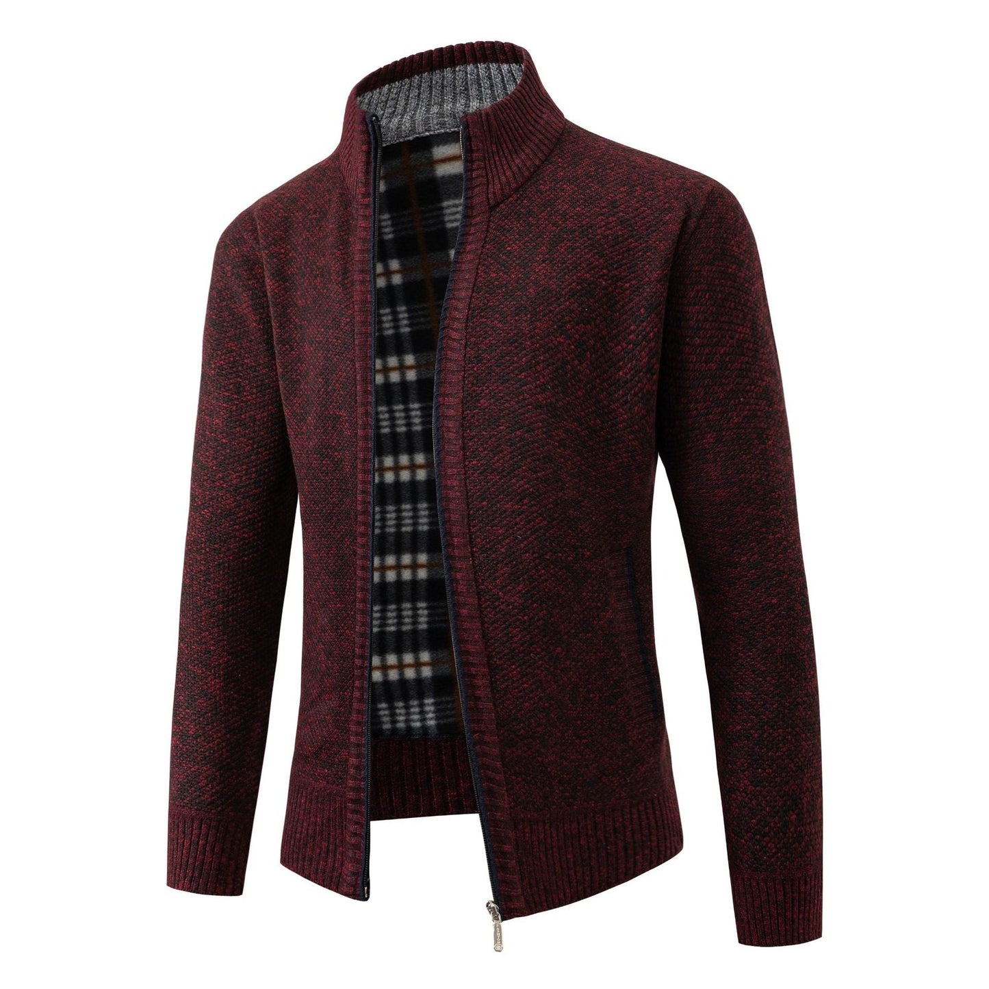 Street Wave Mens Knit Cardigan With Modern Stand Collar And Soft Inner Plaid Lining For Everyday Style