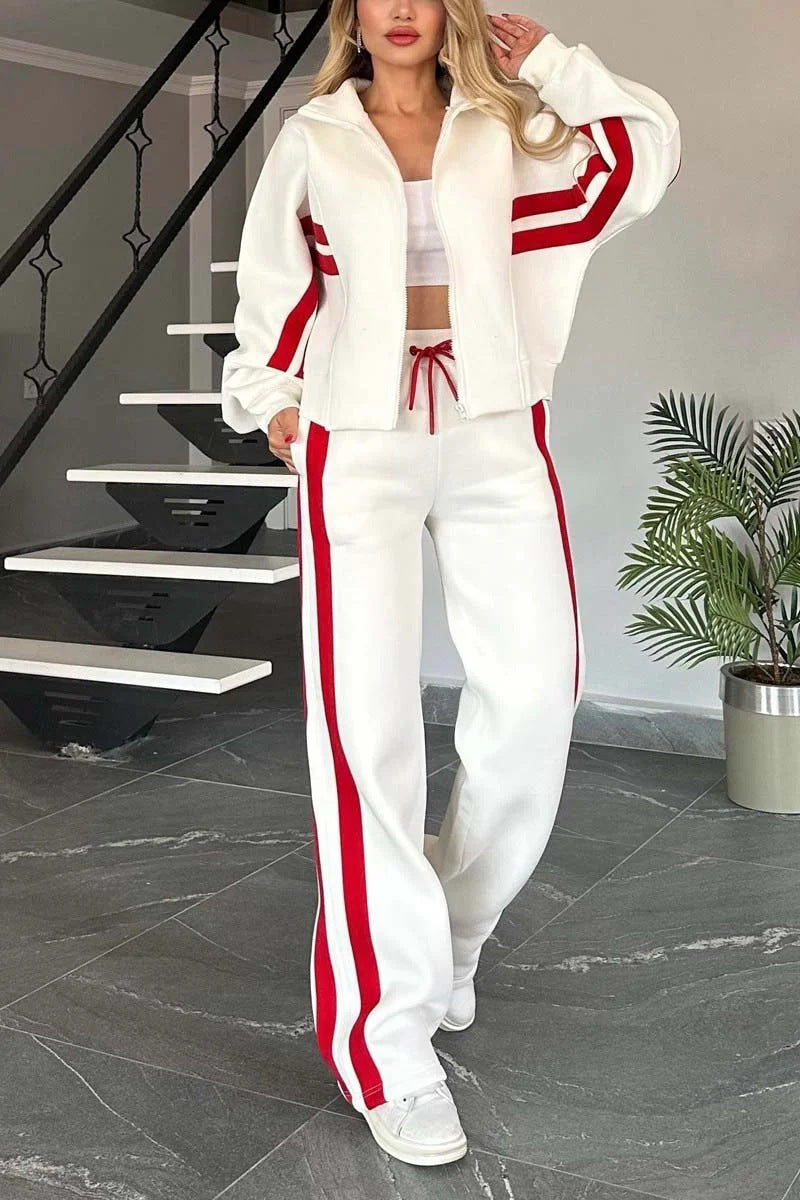Street-Wave Stylish Cropped Zip Up Hoodie And Track Pants Set With Red Stripes For Women