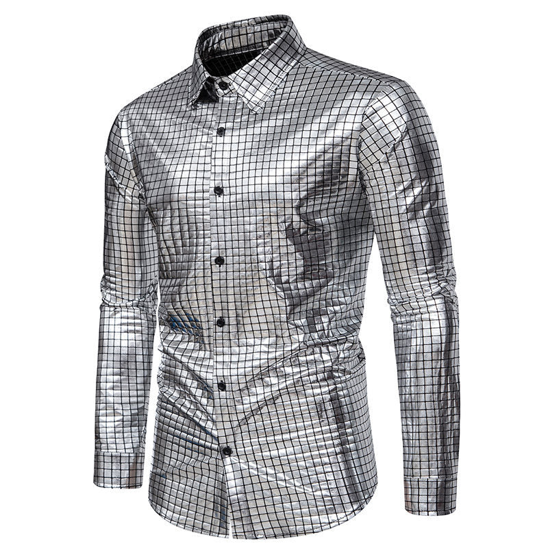 Street Wave Mens Shiny Shirt With Exclusive Square Pattern For Festive Glam Look
