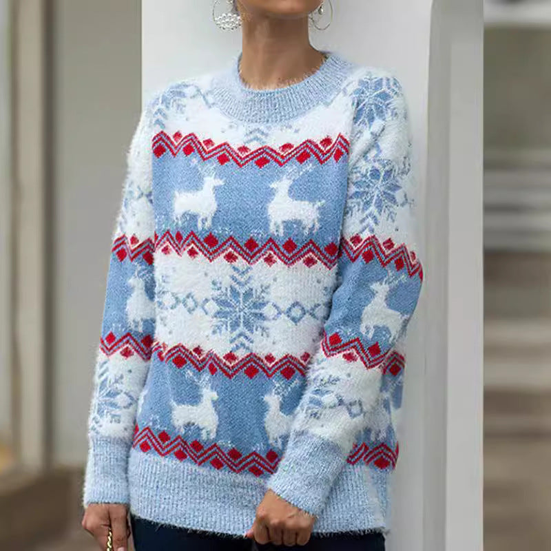 Street-wave Women's Cozy Christmas Sweater With Festive Reindeer Design, Warm Knit