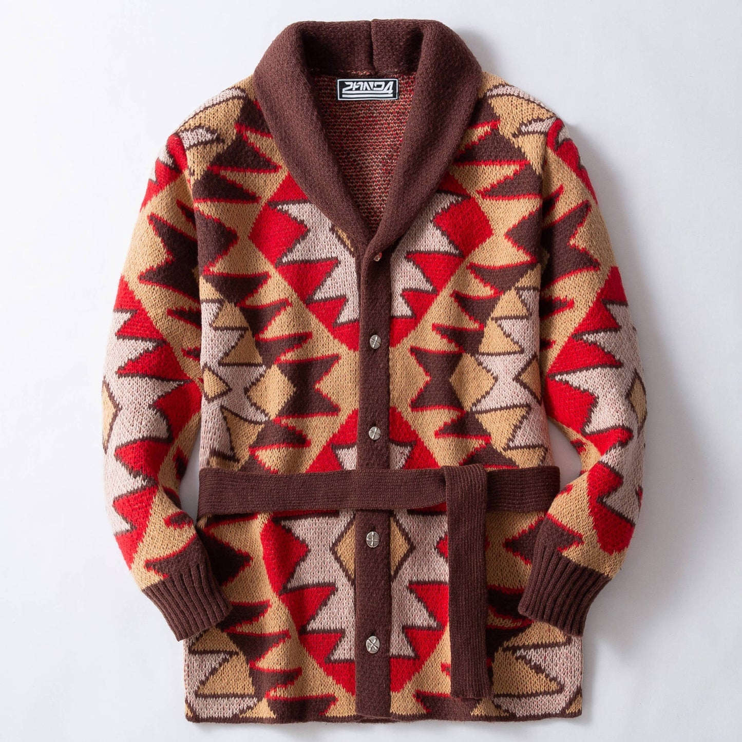 Street-wave Geometric Knit Cardigan With Wide Collar For Women Breathable Cotton Blend Cozy Chic