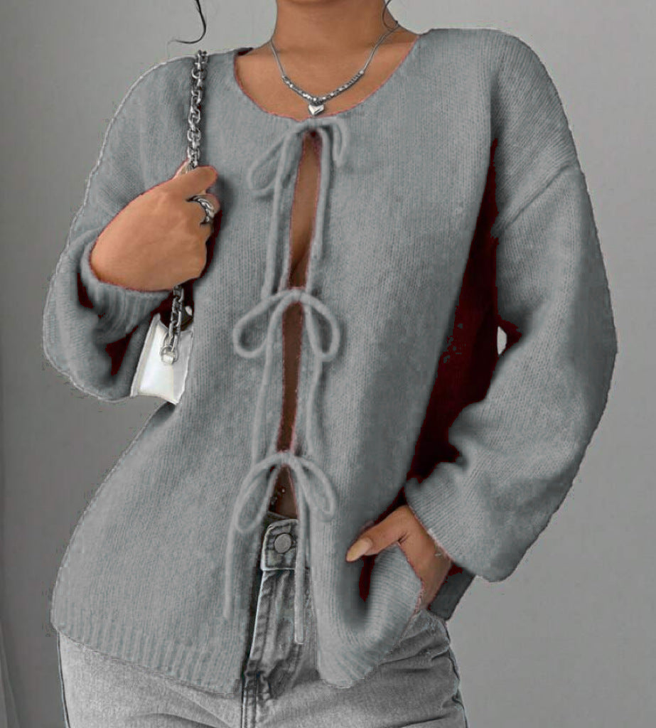 Street-Wave Women Oversized Knit Sweater With Decorative Tie-Front Detail For Cozy Everyday Style
