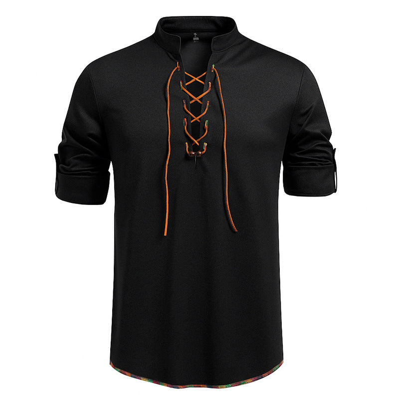 Street-Wave Mens Long Sleeve Shirt With Drawstring Stand Collar For Everyday Comfort And Stylish Wear