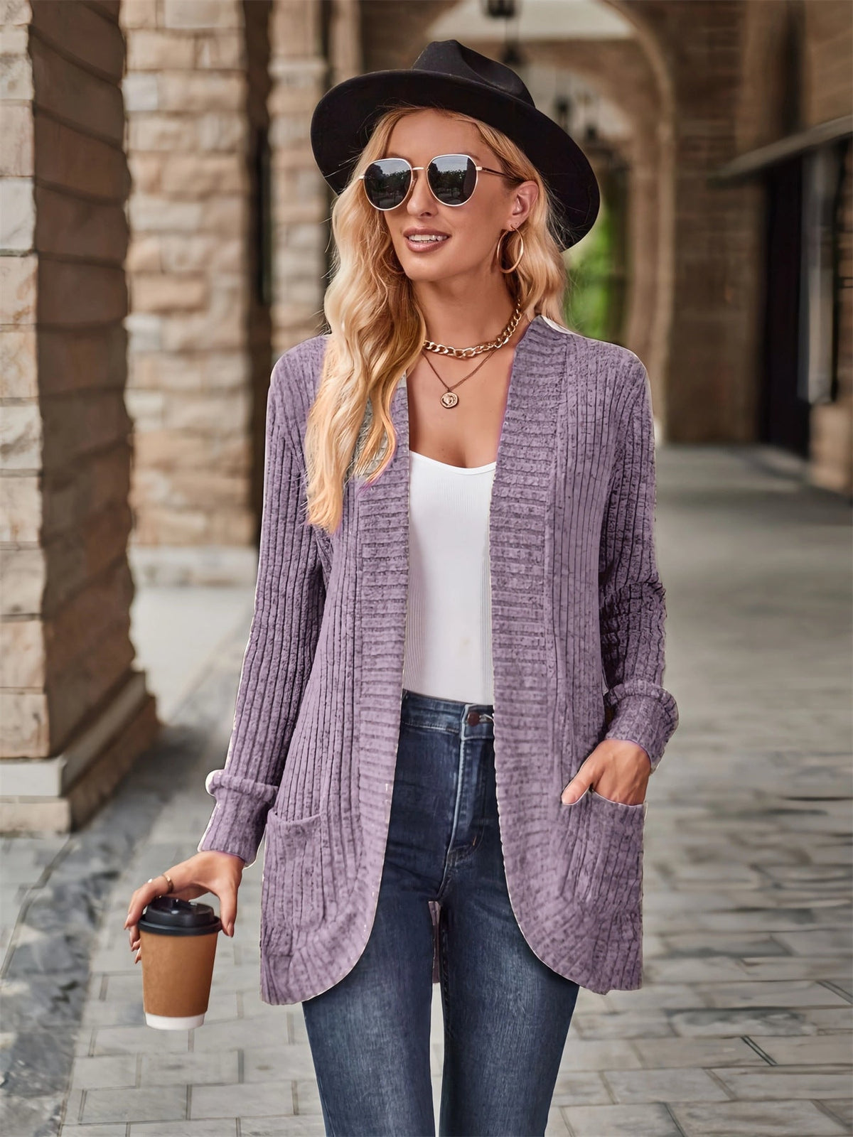 Street-Wave Women Open Front Knit Cardigan With Structured Texture And Pockets All Day Comfort