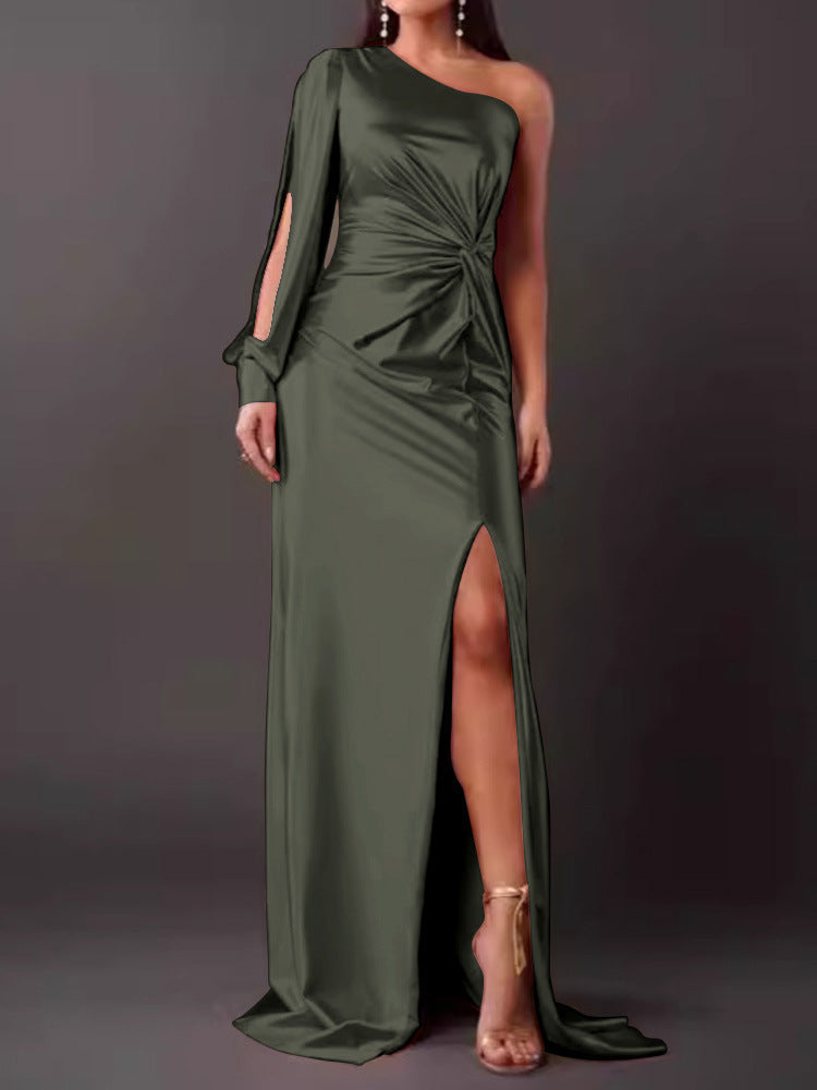 Street-wave Glamorous Navy Satin Evening Dress With Asymmetrical Neckline, Ruched Pleats, High Slit For Women