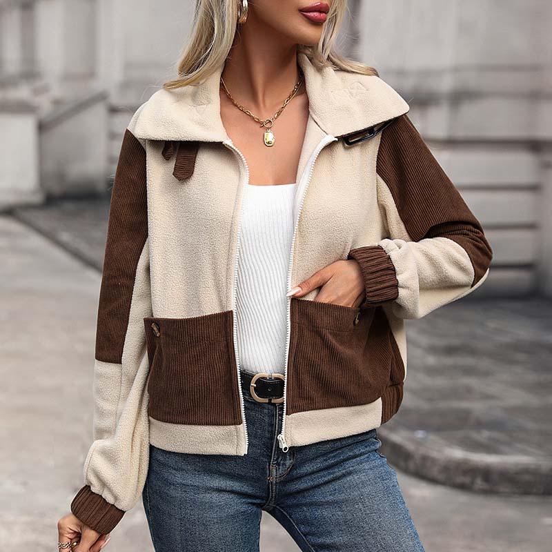 Street-wave Colorblocked Fleece Jacket for Women with Zipper Closure Pockets AllSeason Comfort