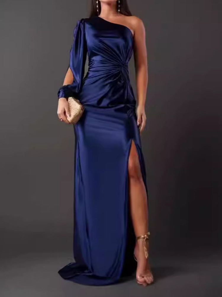 Street-wave Glamorous Navy Satin Evening Dress With Asymmetrical Neckline, Ruched Pleats, High Slit For Women