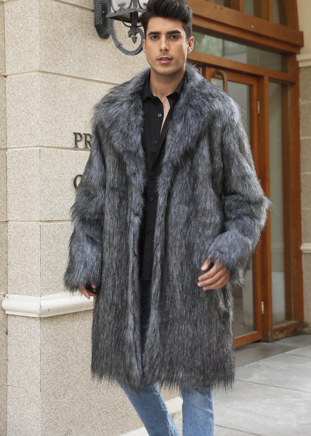 Street-wave Luxurious Men's Faux Fur Coat With Wide Collar And Relaxed Fit For Style Conscious Men