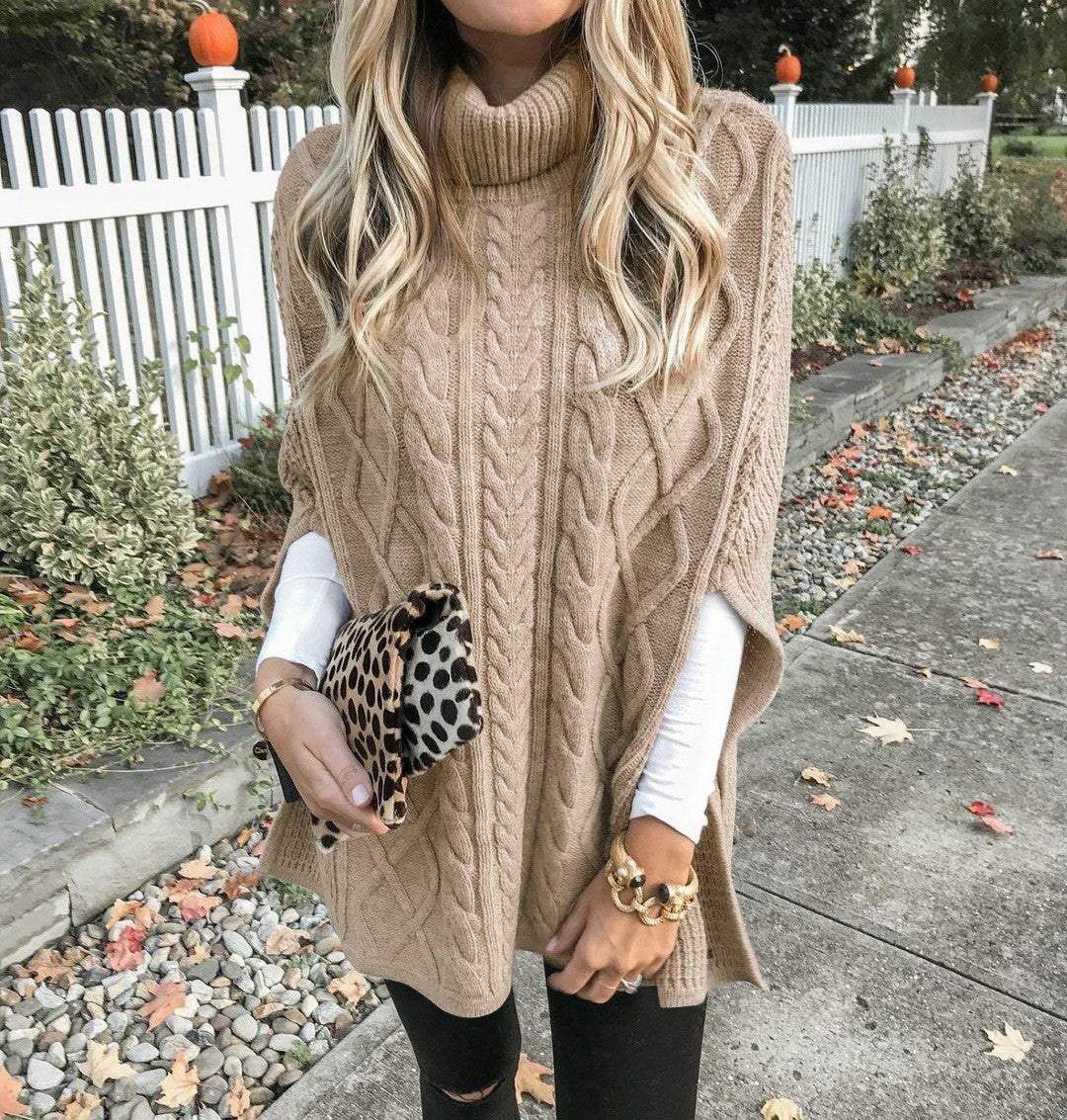 Street-Wave Women's Cable Knit Poncho With High Collar For Cozy Elegant Knitwear