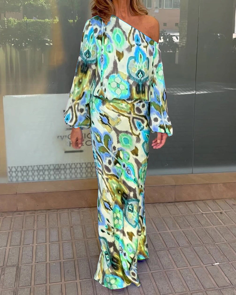 Street Wave Graphic Batik Maxi Dress Off Shoulder With Puffy Sleeves For Women Elegant Occasion