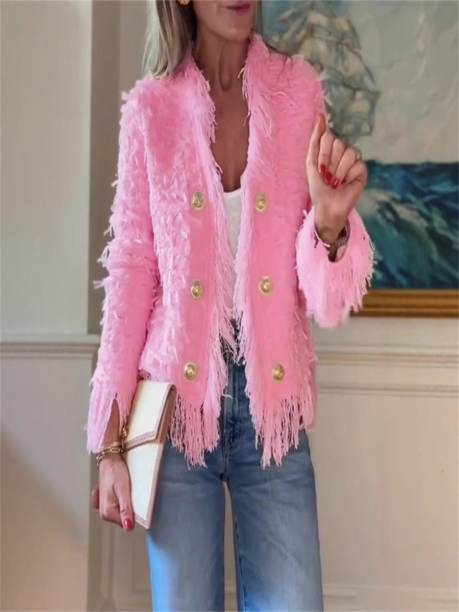 Street Wave Fringe Jacket For Women Chic Lightweight Fringed Style With Gold Button Details
