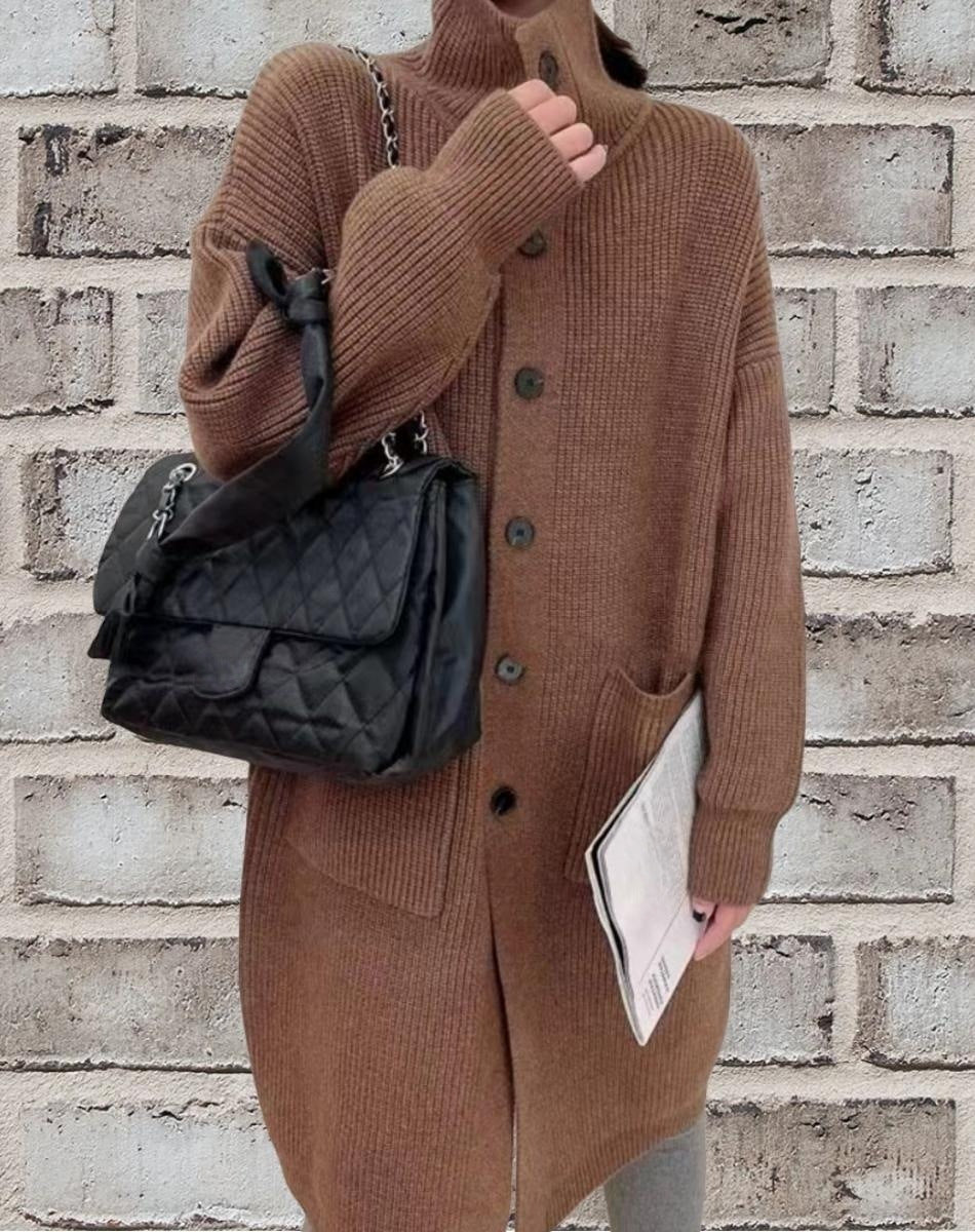 Street-Wave Longline Knit Cardigan For Women With Button Closure And Patch Pockets