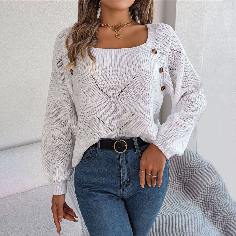 Street-wave Knit Sweater For Women Cozy All Season Cotton Acrylic Blend Long Sleeve Solid With Button Detail